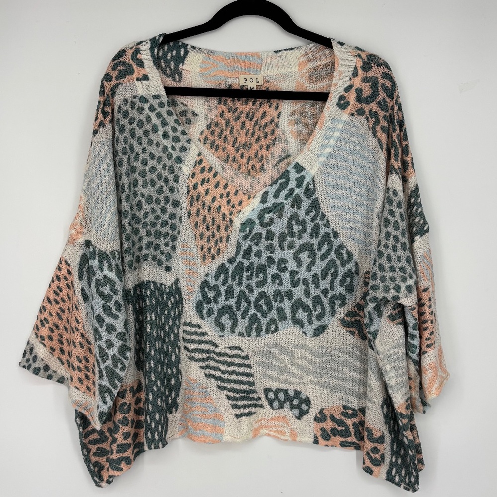 POL Womens Medium Oversized Open Knit Sweater Peach Green Animal 3/4 Sleeves